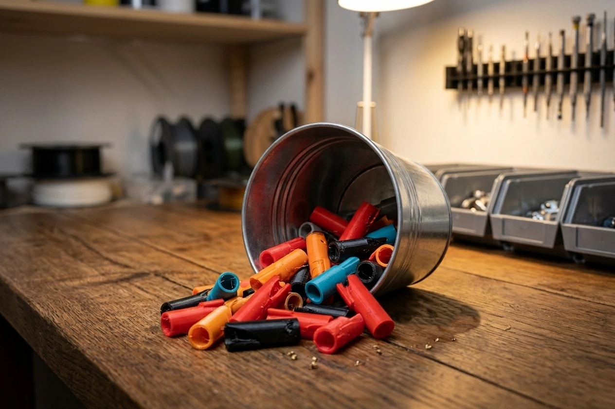 Bucket of discarded whistle heads on the workshop floor