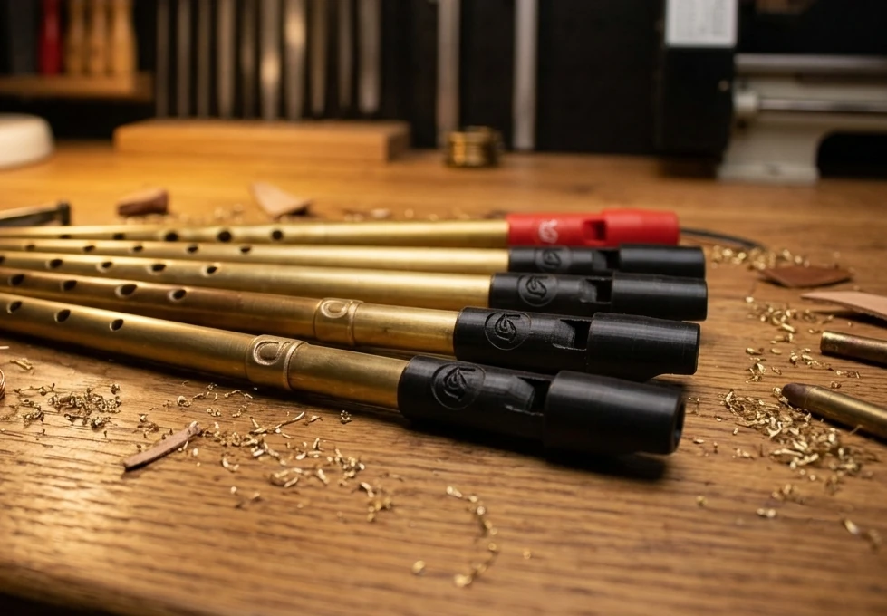 Whistle prototypes on a workbench